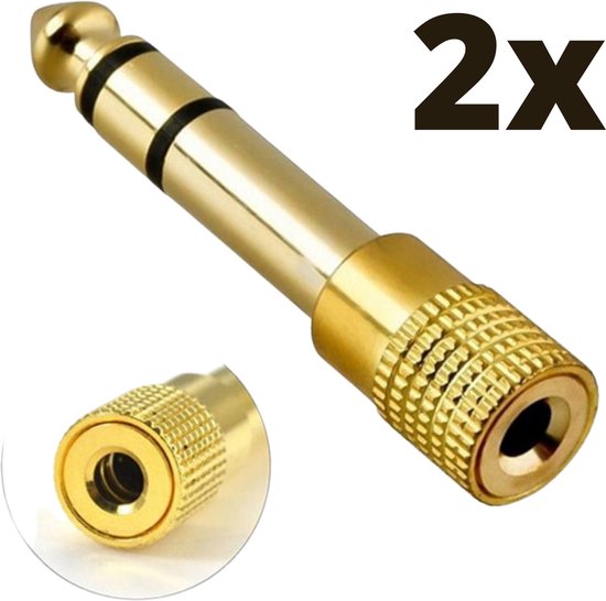 Audio Plug 2 STUKS - 6.35mm Jack (m) - 3.5mm Jack (v) Stereo AUX Audio Aux Adapter - Verloopstekker - 6.35 mm naar 3.5 mm - Mini jack naar jack - Verloopplug – Jackplug - Koppelstuk - Audio plug - metaal / verguld - Goud2