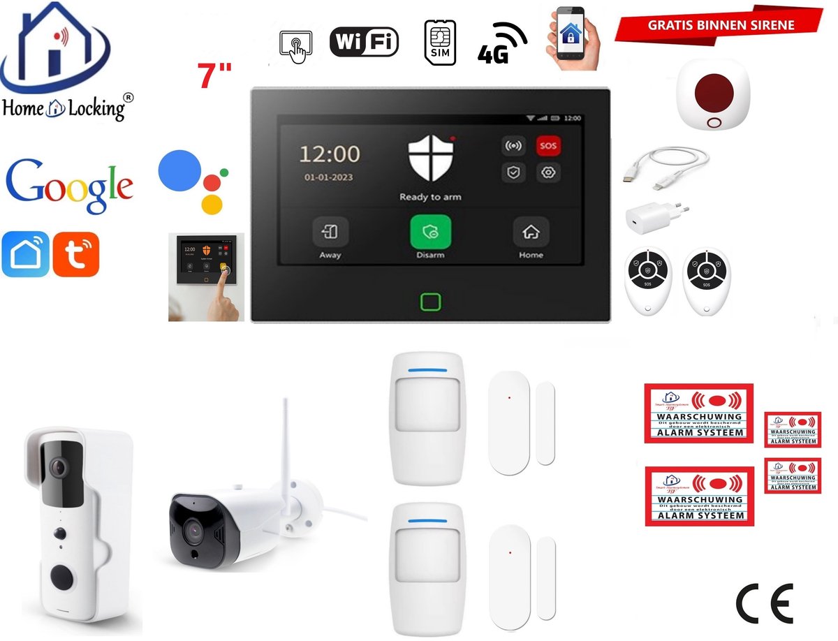 Draadloos / bedraad alarmsysteem met 7-inch touchscreen voor woning/camper/boot/caravan werkt met wifi en sim kaart en met spraak gestuurde apps. (Nederlands of Frans stem en tekst). ST01B-75