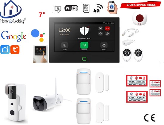 Home Locking 7-inch alarmsysteem met wifi, sim, 4g, Google Assistant, Alexa, IFTTT, telefoon, sirene, camera, sensoren en afstandsbedieningen.
