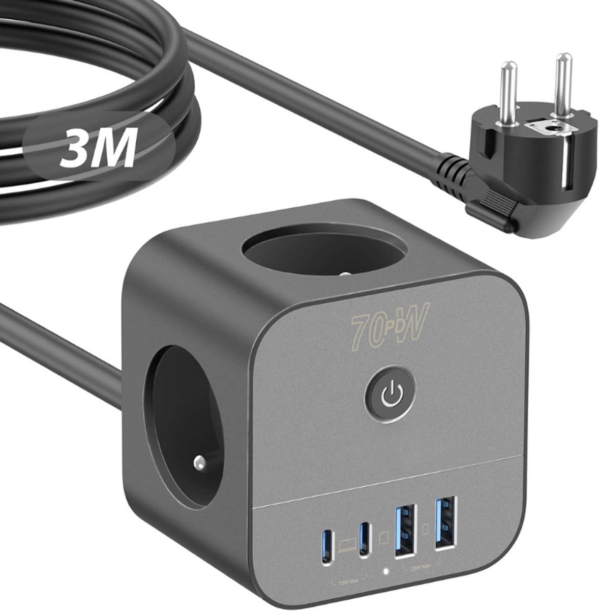 Thuys – Snellader USB – C 70W – 7 – in – 1 Kubus Stekkerdoos – Met Schakelaar – GaN III Technologie – Verlengkabel 3m