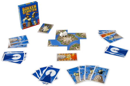Overzicht van het spel Bokken Schieten: speldoos, landschapskaarten, geitenfiguur en speelkaarten.