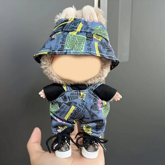 Labubu Outfit - Labubu Poppenoutfit - 17 cm - Blauwe Bucket Hat & Grafische Overall - Streetwear Stijl Geschikt voor Labubu Pop 17 cm Complete Outfit van Merkloos — afbeelding 4