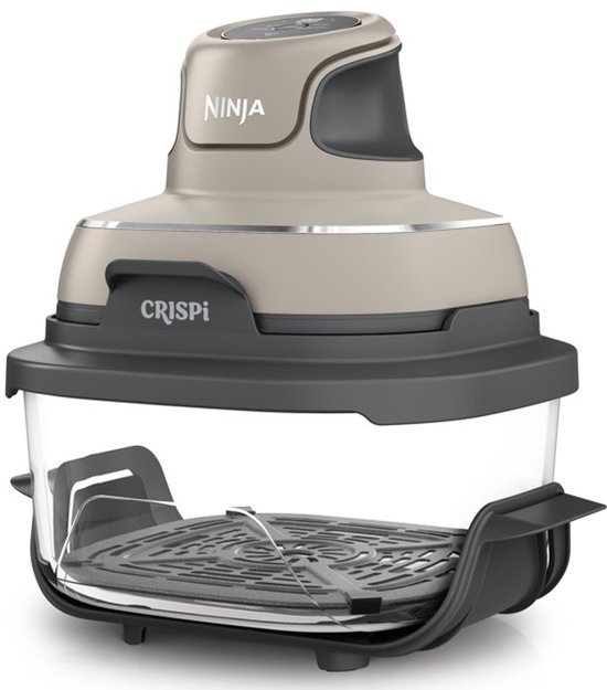 Grijze Ninja CRISPi met een lege, grill-achtige bodem in een doorzichtige bak.