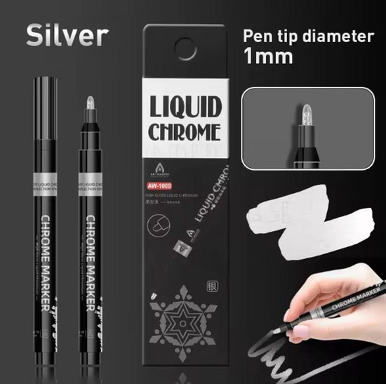 Chrome Marker Zilver 1mm – Permanente Hoogglans Spiegel Chroom Stift voor Glas, Metaal, Papier, Kunststof, Waterdicht, UV-bestendig