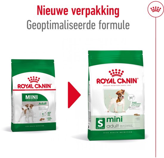 Twee Royal Canin Mini Adult verpakkingen, links een oudere verpakking, rechts de nieuwe.