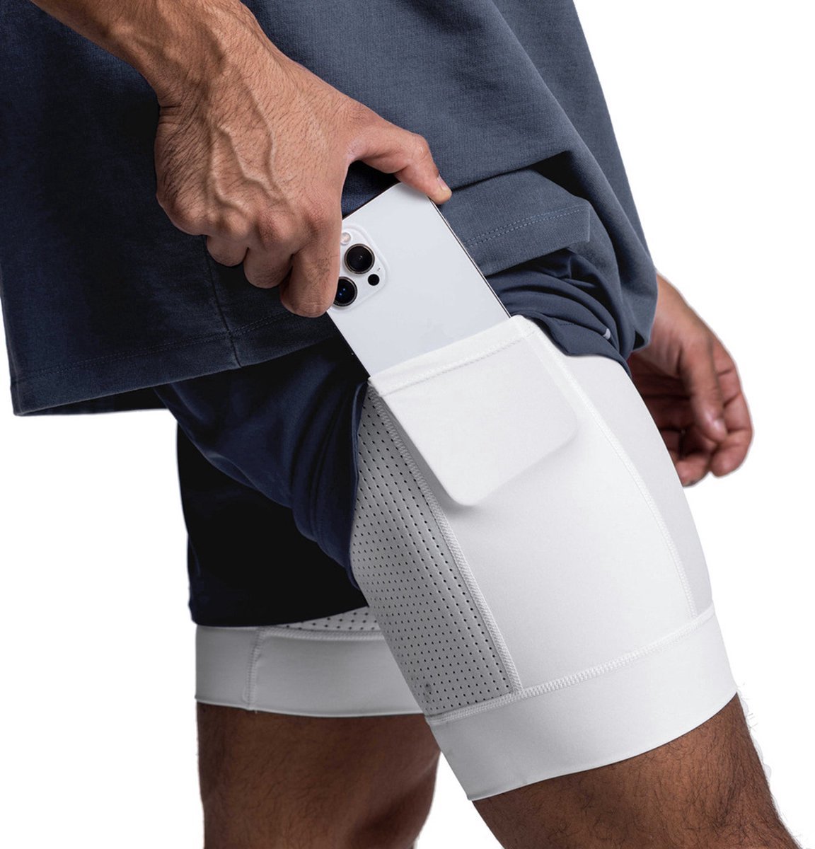 Gym Revolution - Sportbroek voor Heren - Gym broek met mobiel zak - 2 in 1 Shorts - Hardloopbroek - Fitnessbroek - Rits - Aansluitend - Navy Blue maat XL
