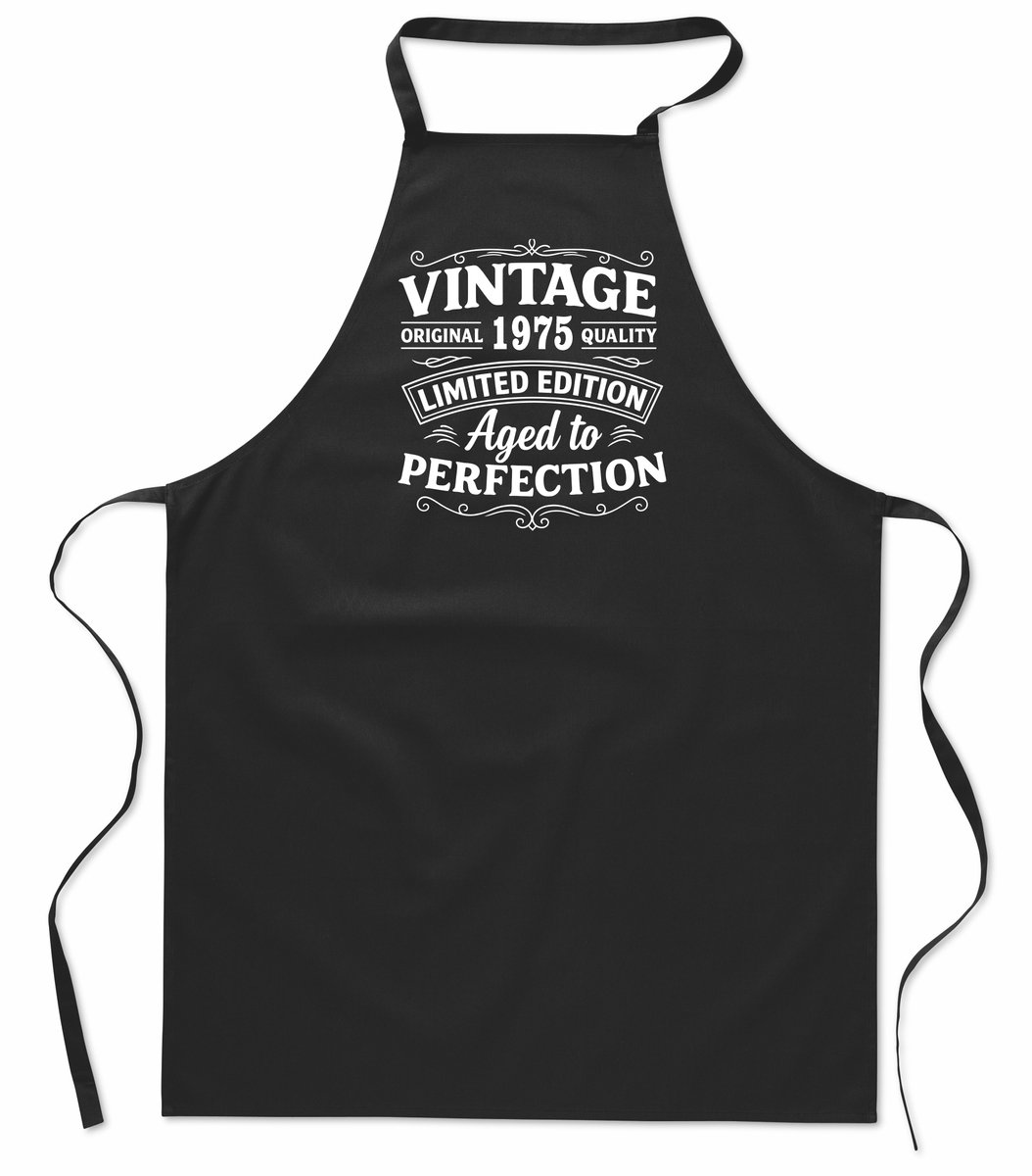 Keukenschort - Schort - BBQ schort - unisex - zwart - 100% katoen - Vintage Limited Edition Aged to Perfection - verjaardag en feest - Geboortejaar 1975