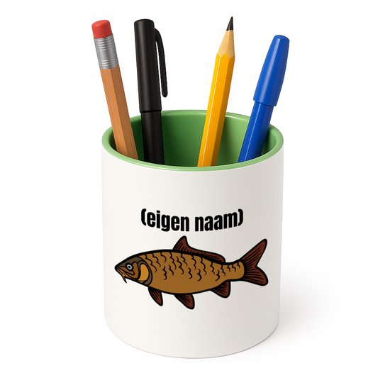 Foto: Hacebo vis met eigen naam pennenbakje vis vissen liefhebbers pennenhouder iemand die houdt van vissen verjaardag cadeau kado pennenbakje groen