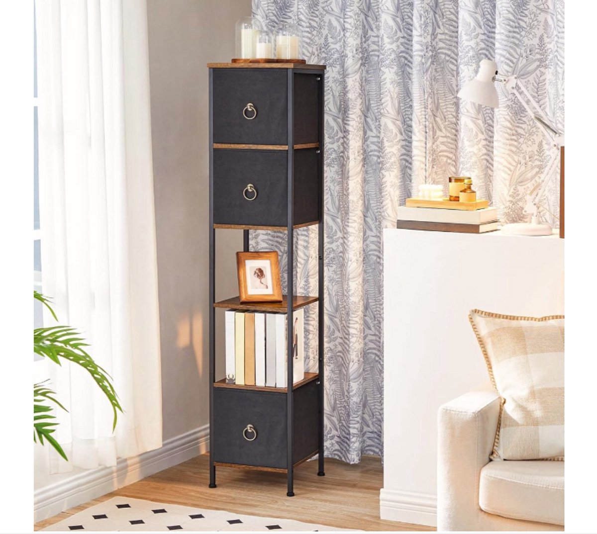 WNHB® Badkamer Opbergkast Hoekrek 6 Laags met 3 Laden - Multifunctionele Organizer voor Badkamer en Woonkamer - Rustiek Bruin Zwart