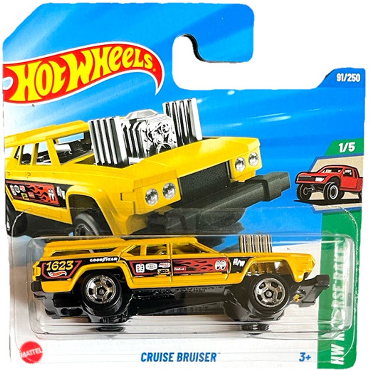 HOT WHEELS CRUISE BRUISER RACING YELLOW 91/250 (1:64) HW REVERSE RAKE 1/5 SHORT CARD