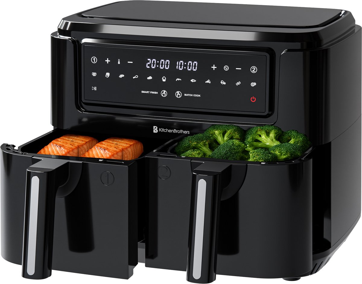 KitchenBrothers Airfryer XXL Dual Zone - 2400W - 9L - Heteluchtfriteuse - Dubbele Mand - 50ºC tot 200ºC - 10 Kookprogramma's - Zwart