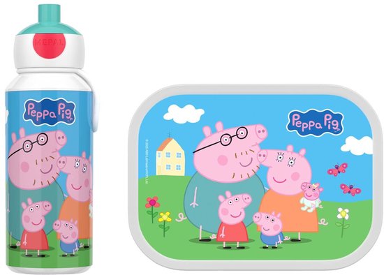 Ensemble Peppa Pig : une gourde et une boîte à lunch avec des images de Peppa et sa famille dans une prairie.