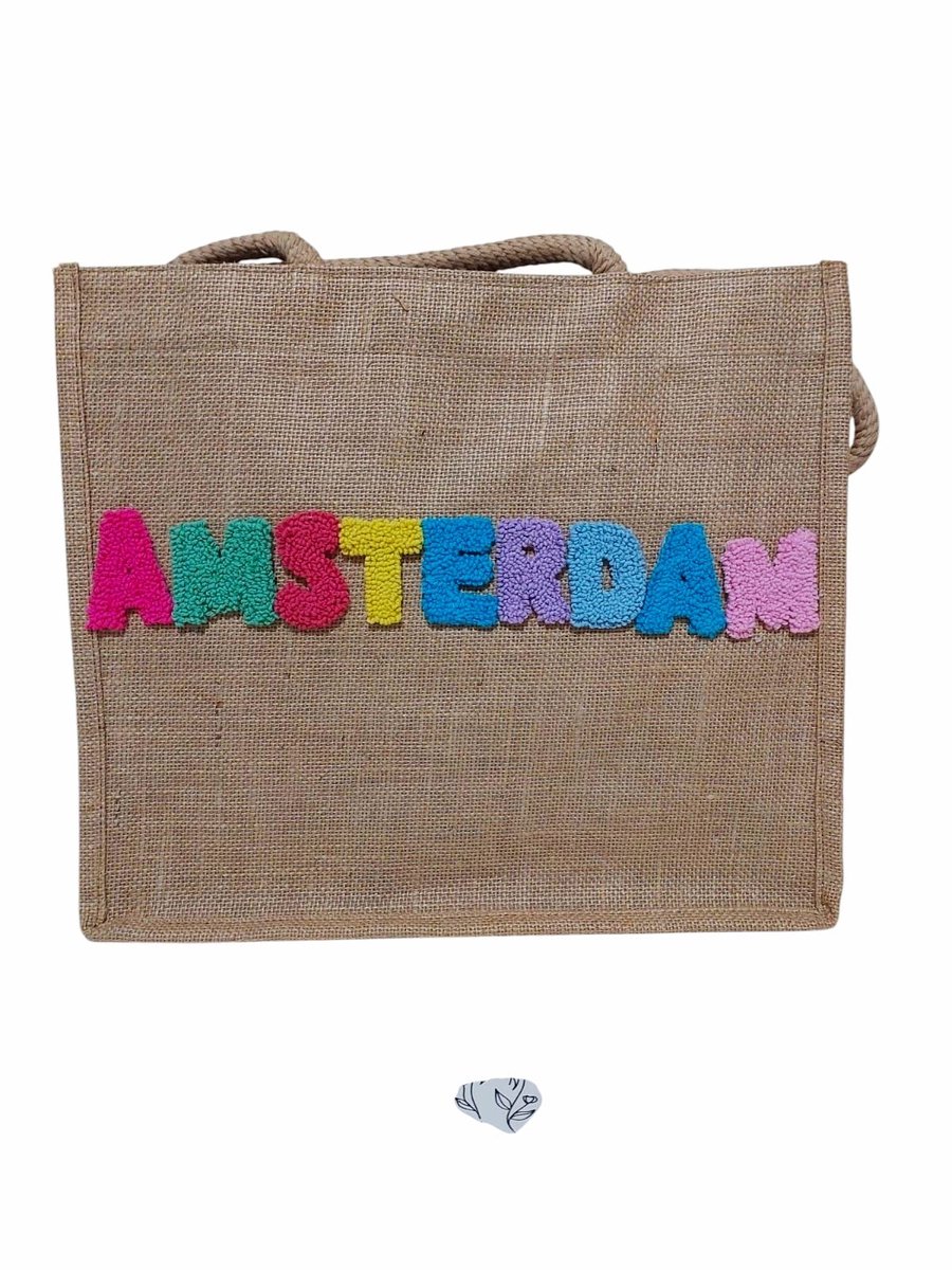 Minis Gifts – Jute Strandtas – Punch Borduurwerk ‘AMSTERDAM’ – Duurzaam & Stijlvol – Shopper voor Dagelijks Gebruik
