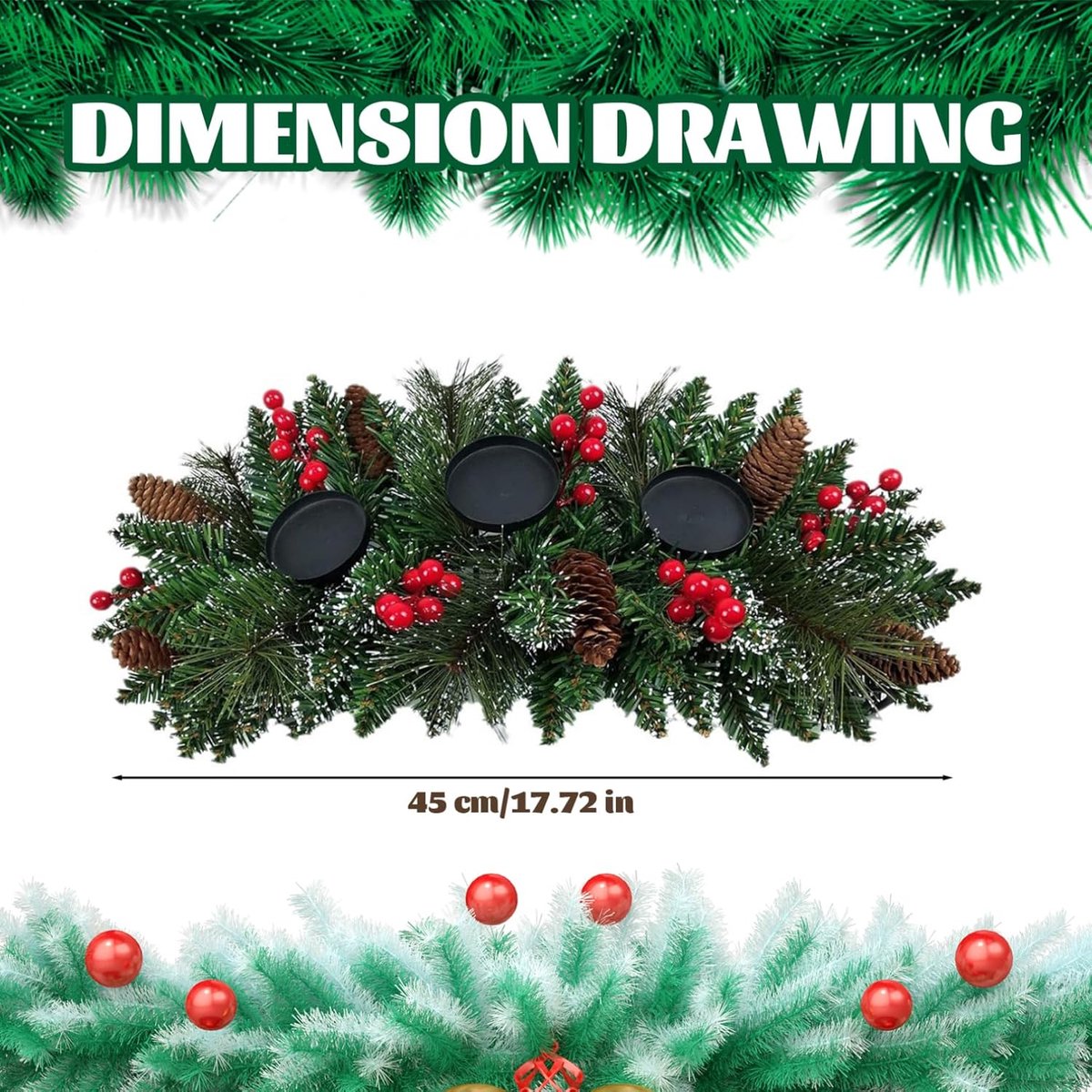 Kerst Tafeldecoratie met 3 Kandelaars – kerst Kaarsenhouder 45 cm –kerst Kandelaars- Waxinelichtjeshouder - Met Dennentakken, Rode Bessen en Dennenappels – Kerst Centerpiece voor Tafel of Haard – foto 3