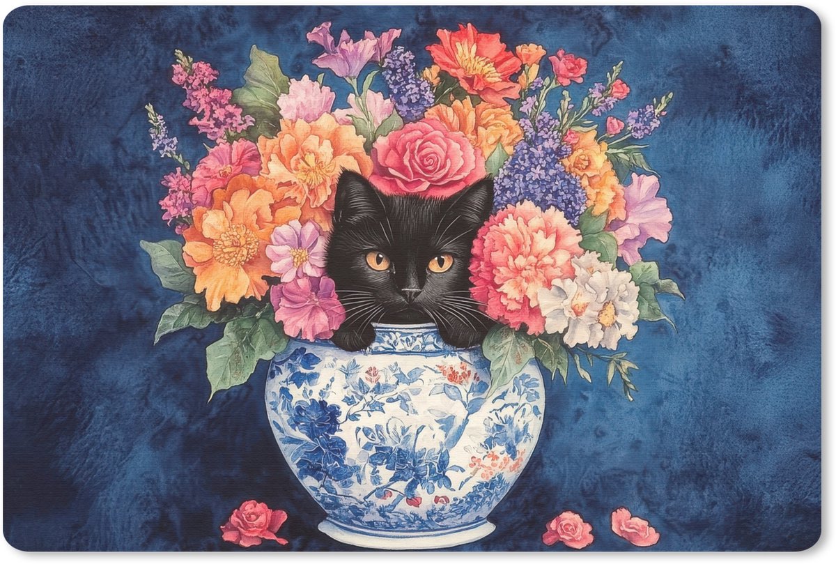 Muismat 27x18 cm - Mousepad Kat - Felgekleurde bloemen - Vaas - Muismatten