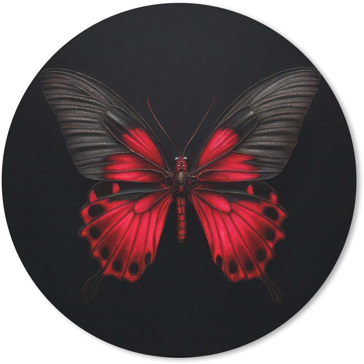 Muismat rond 50x50 cm - Mousepad Vlinder - Rood - Contrast - Ronde muismatten