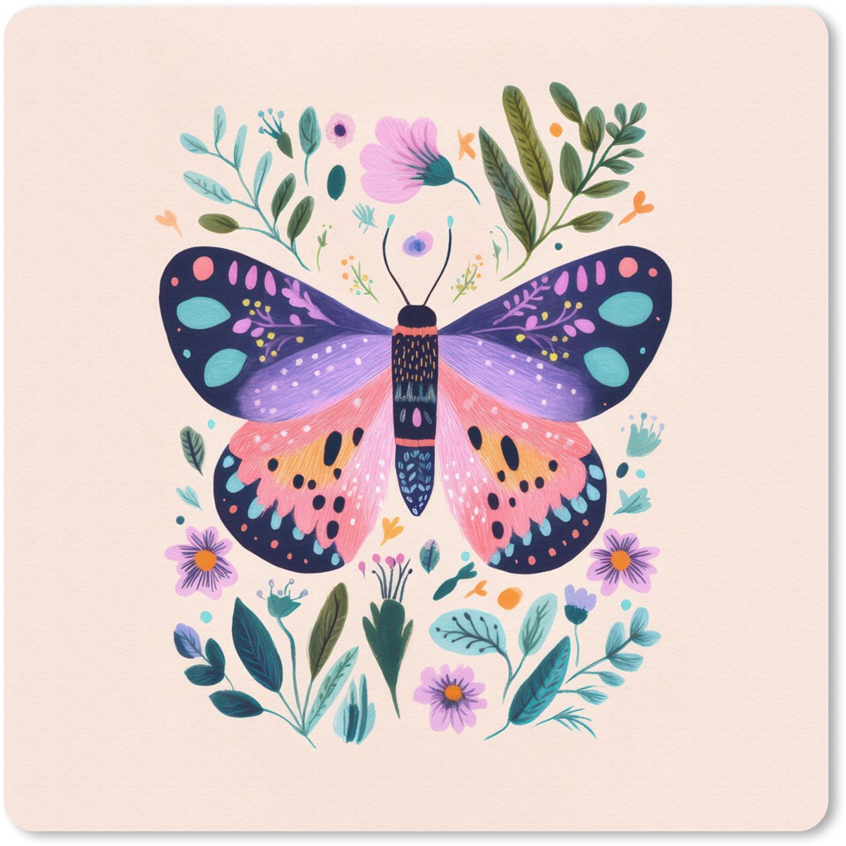 Muismat 30x30 cm - Mousepad Bloemen - Bladeren - Vlinder - Kleurrijk - Muismatten