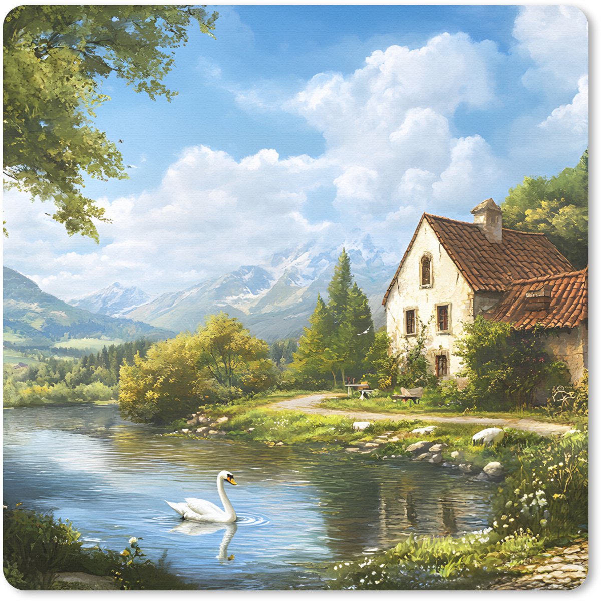 Muismat 20x20 cm - Mousepad Zwaan - Bomen - Rust - Muismatten