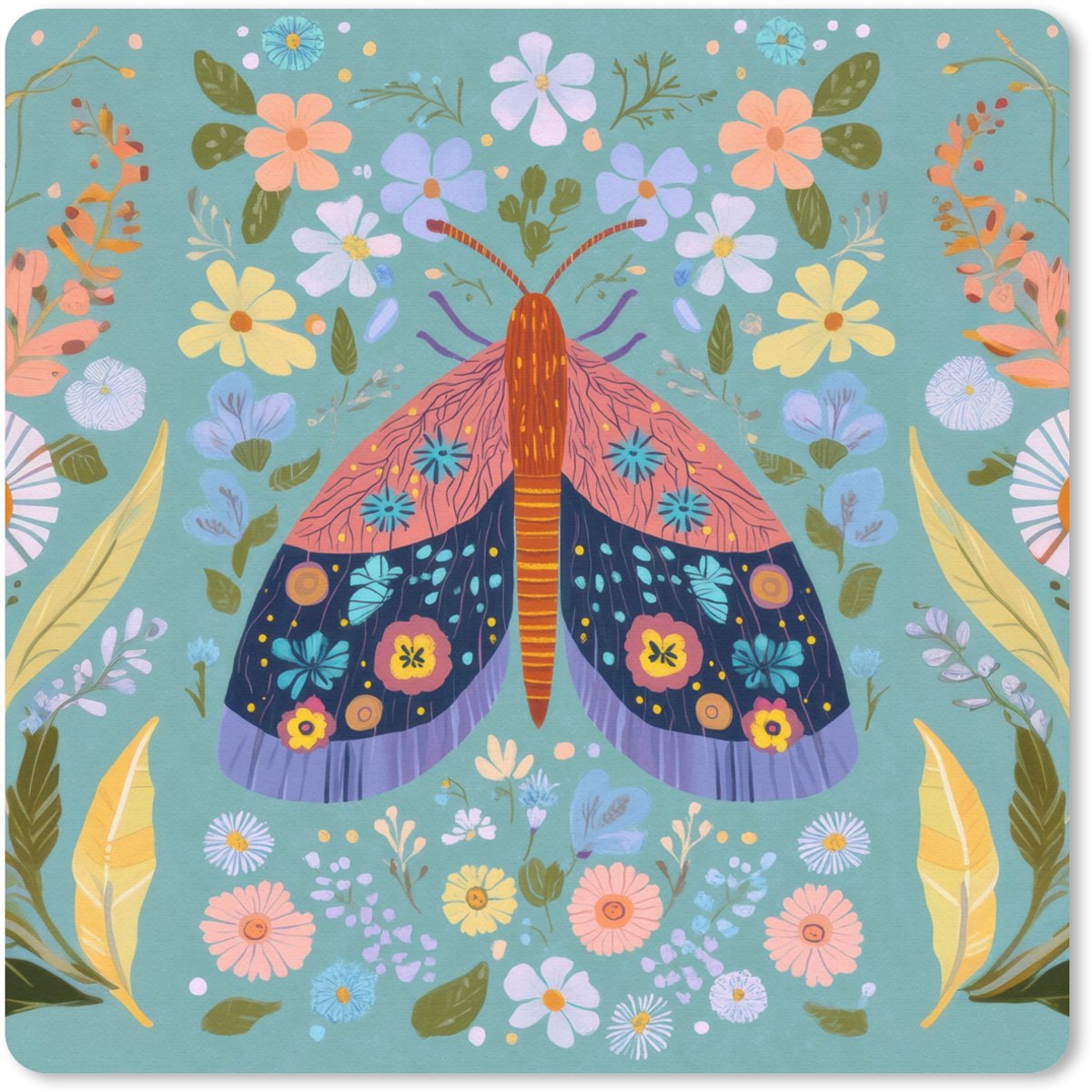 Muismat 20x20 cm - Mousepad Vlinder - Sierlijk - Bloemen - Bladeren - Muismatten