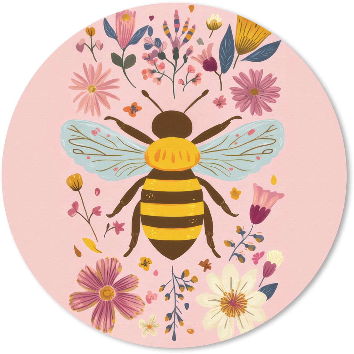 Muismat rond 40x40 cm - Mousepad Bij - Geel - Bloemen - Kleurrijk - Ronde muismatten