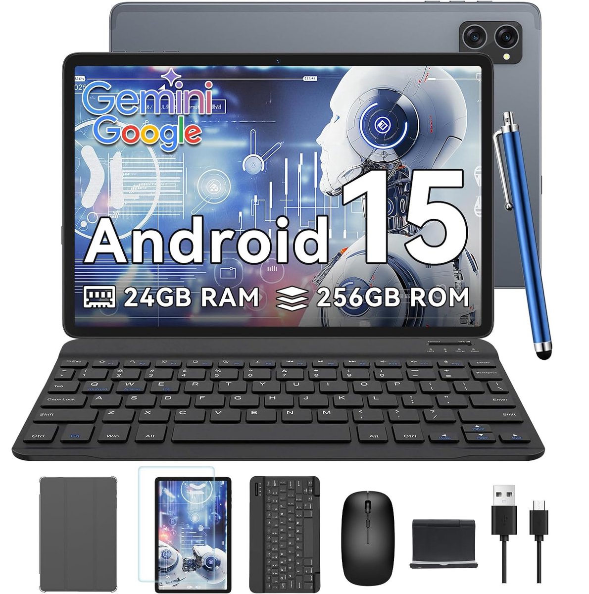 VekfulPC Tablet - T20 Tablet - 24GB RAM - 256GB ROM - 5000mAh - 10.1 Inch - 5G WiFi - AI Gemini 2.0 - Android 16 - Met Toetsenbord - Hoes - Stylus - Muis - Grijs