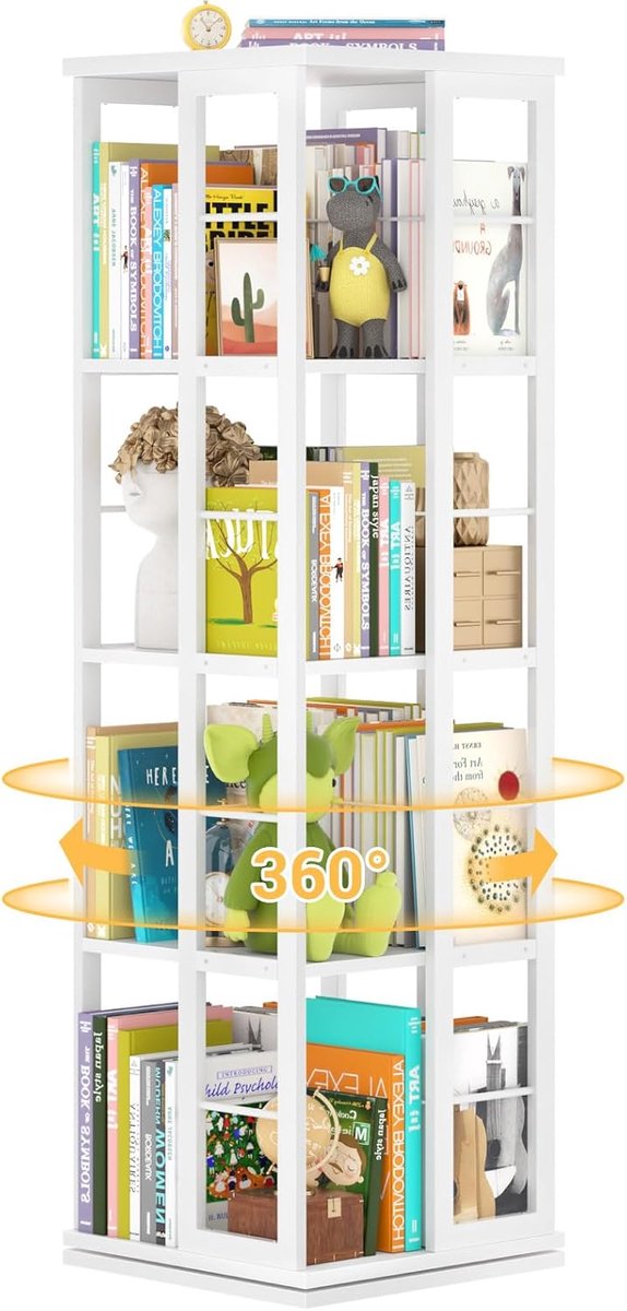 Boekenkast - Vierlaags draaibare boekenkast - Houten boekenkast - Boekenkast van metaal en hout - Open boekenkast - Draaibare boekenkast - Opbergboekenkast - Geschikt voor studeerkamer, slaapkamer, woonkamer en kantoor. Wit.