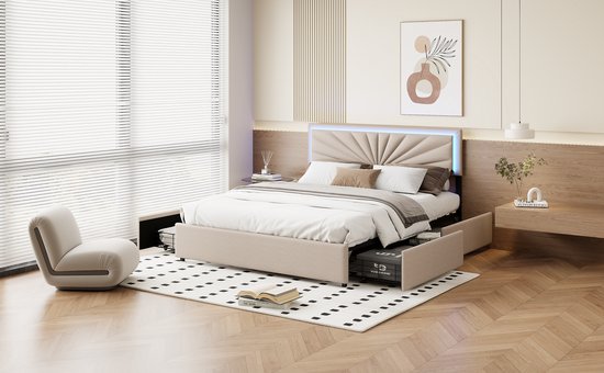 Gestoffeerd bed 160 x 200 cm met opberghoofdeinde, USB-aansluiting en