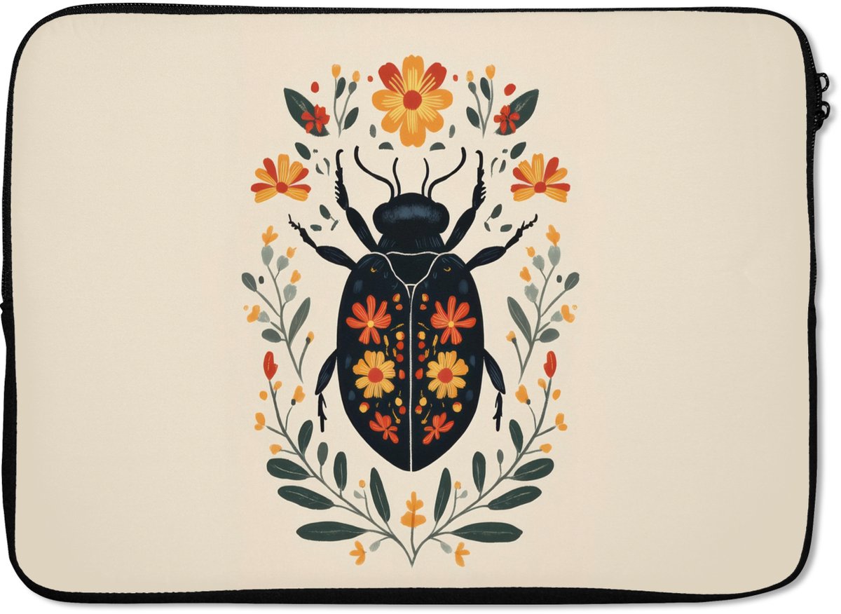 Laptophoes 14 inch - Bloemen - Oranje - Planten - Sierlijk - Laptop sleeve - Binnenmaat 33x23 cm - Zwarte achterkant