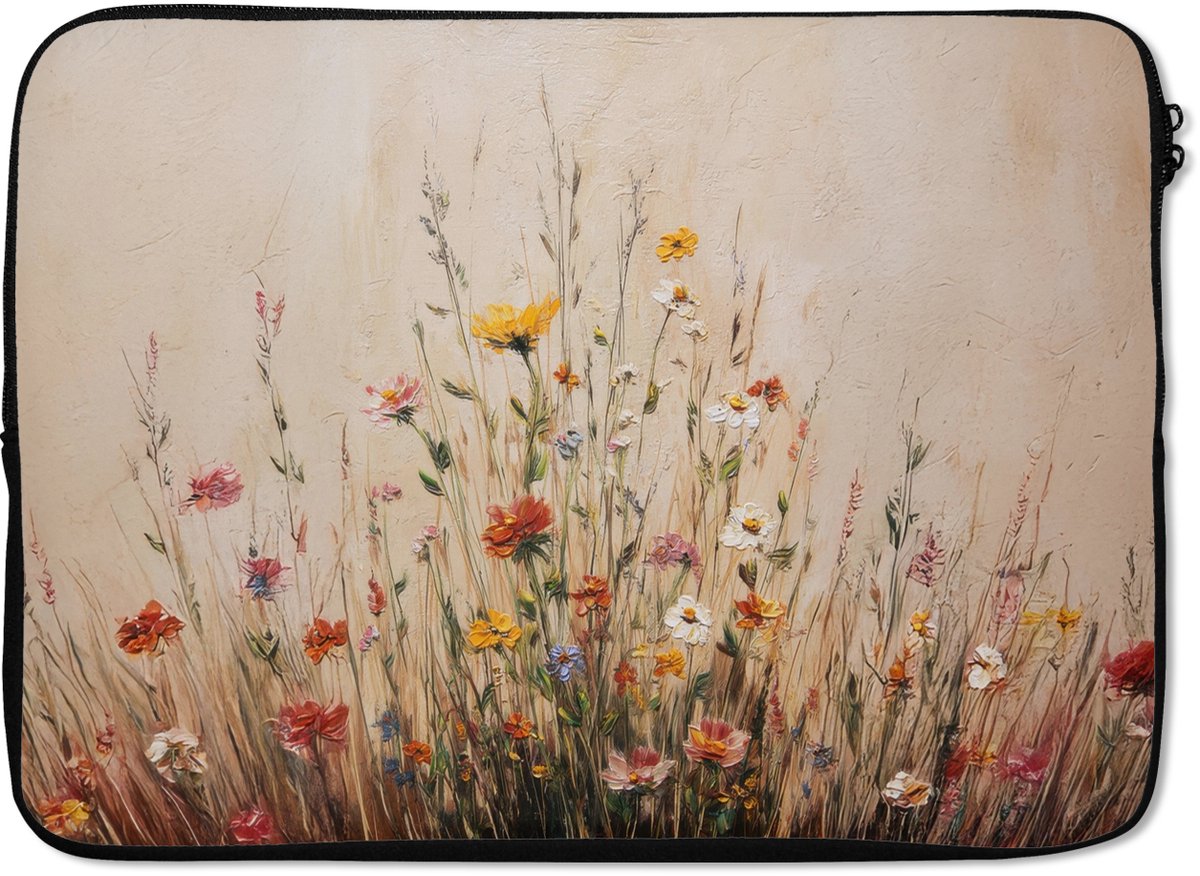 Laptophoes 13 inch - Wilde bloemen - Penseelstreken - Rustgevend - Laptop sleeve - Binnenmaat 32x22,5 cm - Zwarte achterkant