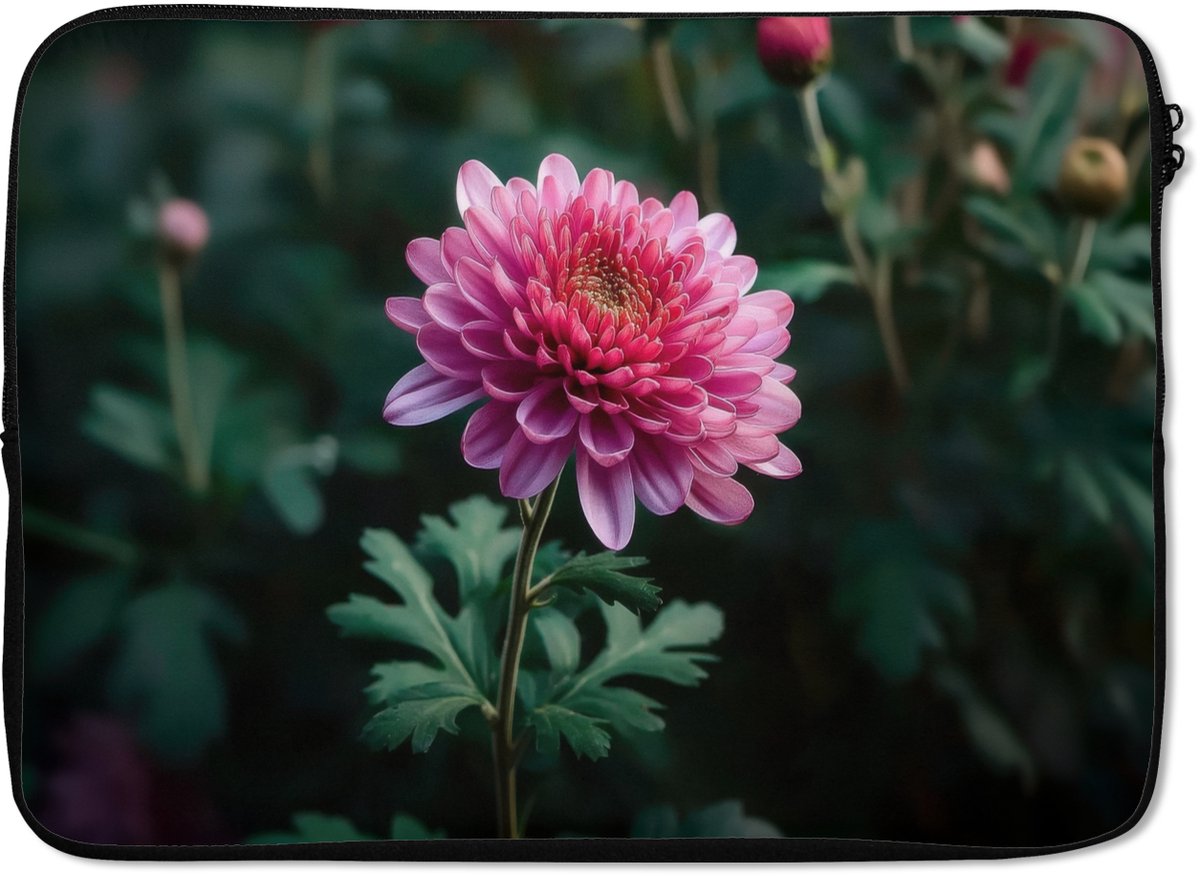 Laptophoes 14 inch - Blad - Chrysant - Roze - Schaduw - Laptop sleeve - Binnenmaat 33x23 cm - Zwarte achterkant