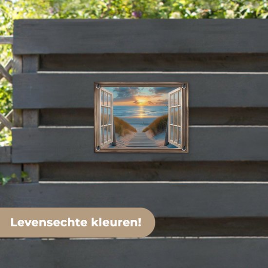 Tuinposter 40x30 cm - Tuindecoratie Doorkijk - Strand - Pad - Zonsondergang - Poster voor in de tuin - Buiten decoratie - Schutting tuinschilderij - Tuindoek muurdecoratie - Wanddecoratie balkondoek