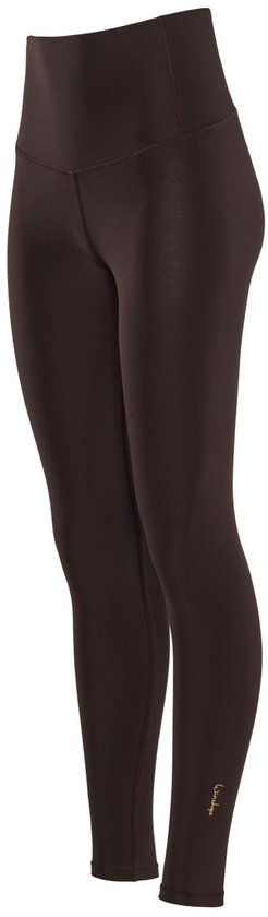 Donkerbruine, glanzende legging met hoge taille en V-detail aan de voorkant.