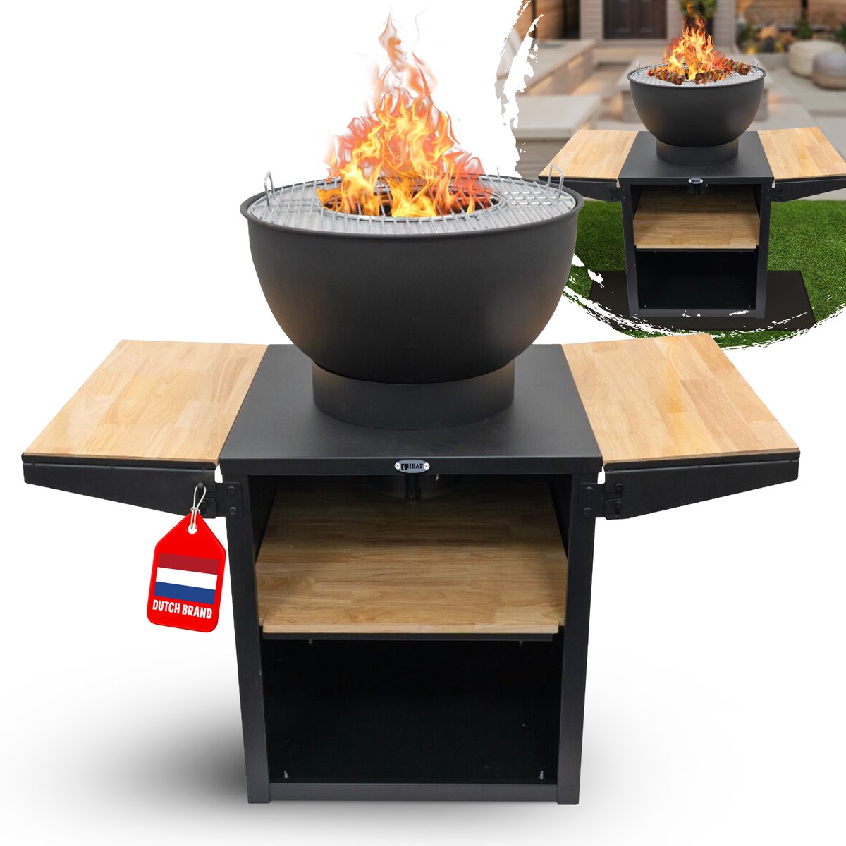 HEAT Outdoor Living Buitenkeuken Kjok Zwart - Barbecue met Opslag - Mobiele Buitenkeuken - Barbecue Plancha - Grillen - Staal - Incl. Snijplank - Sfeervolle Avonden met Vrienden en Familie - 122x60x93 cm