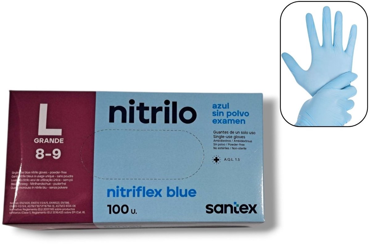 Santex - 100x Wegwerp Handschoenen - Nitrile - Blauw - Powder Free - Latex free - Maat L