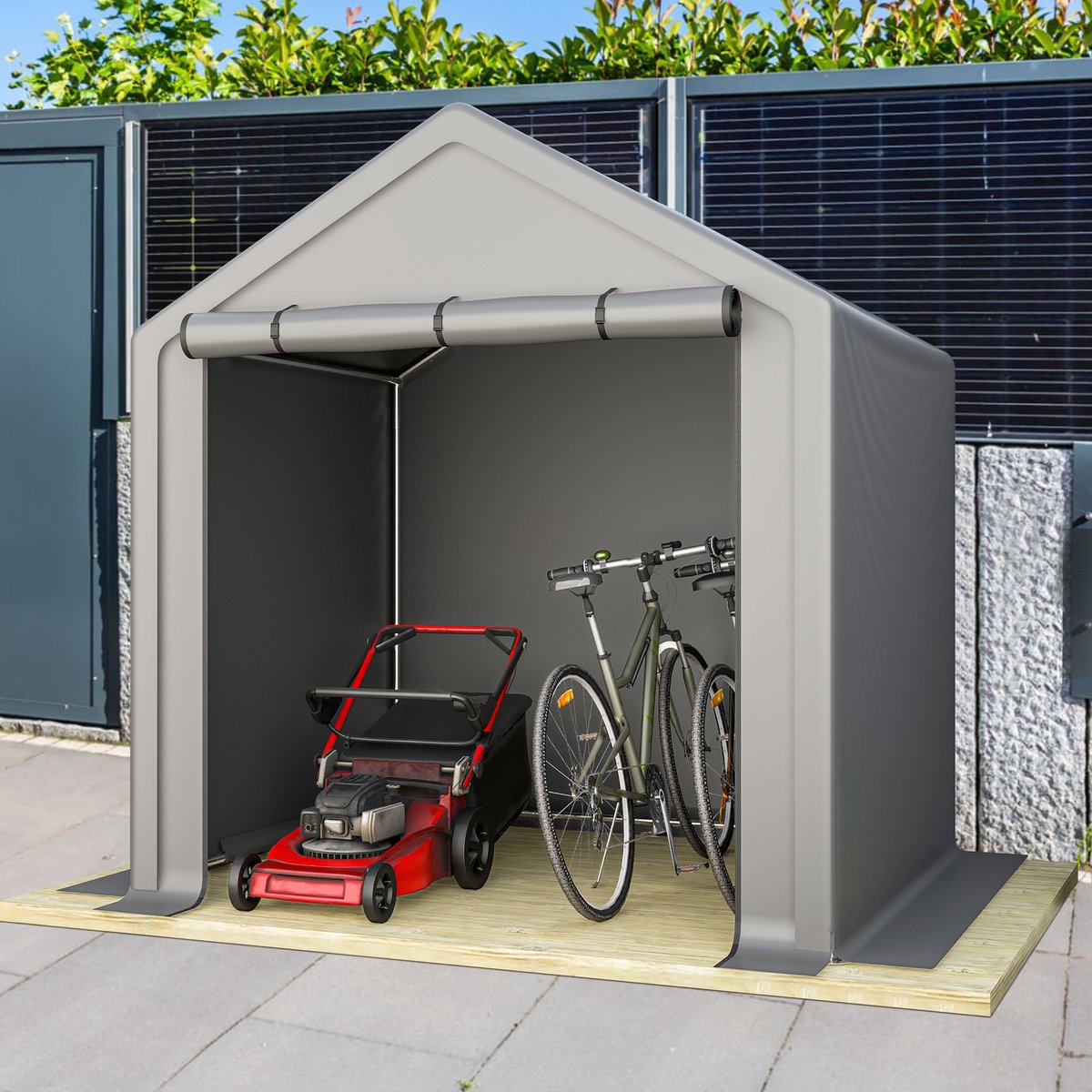Pugsdrly Gereedschapsschuur 190(B)x170(D)x200(H)cm, fietsenstalling, gereedschapsschuur, garagetent, tuinhuisje, opslagtent, fietsenstalling, gereedschapstent, opslaggarage, donkergrijs