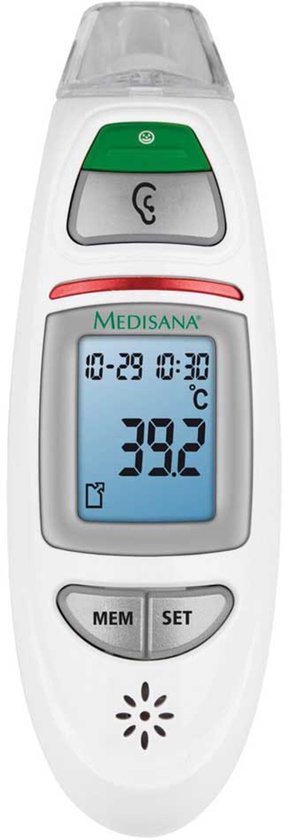 Witte Medisana infrarood thermometer met een blauw digitaal display waarop 39.2°C wordt weergegeven. Groene en zilverkleurige knoppen aan de voorkant.