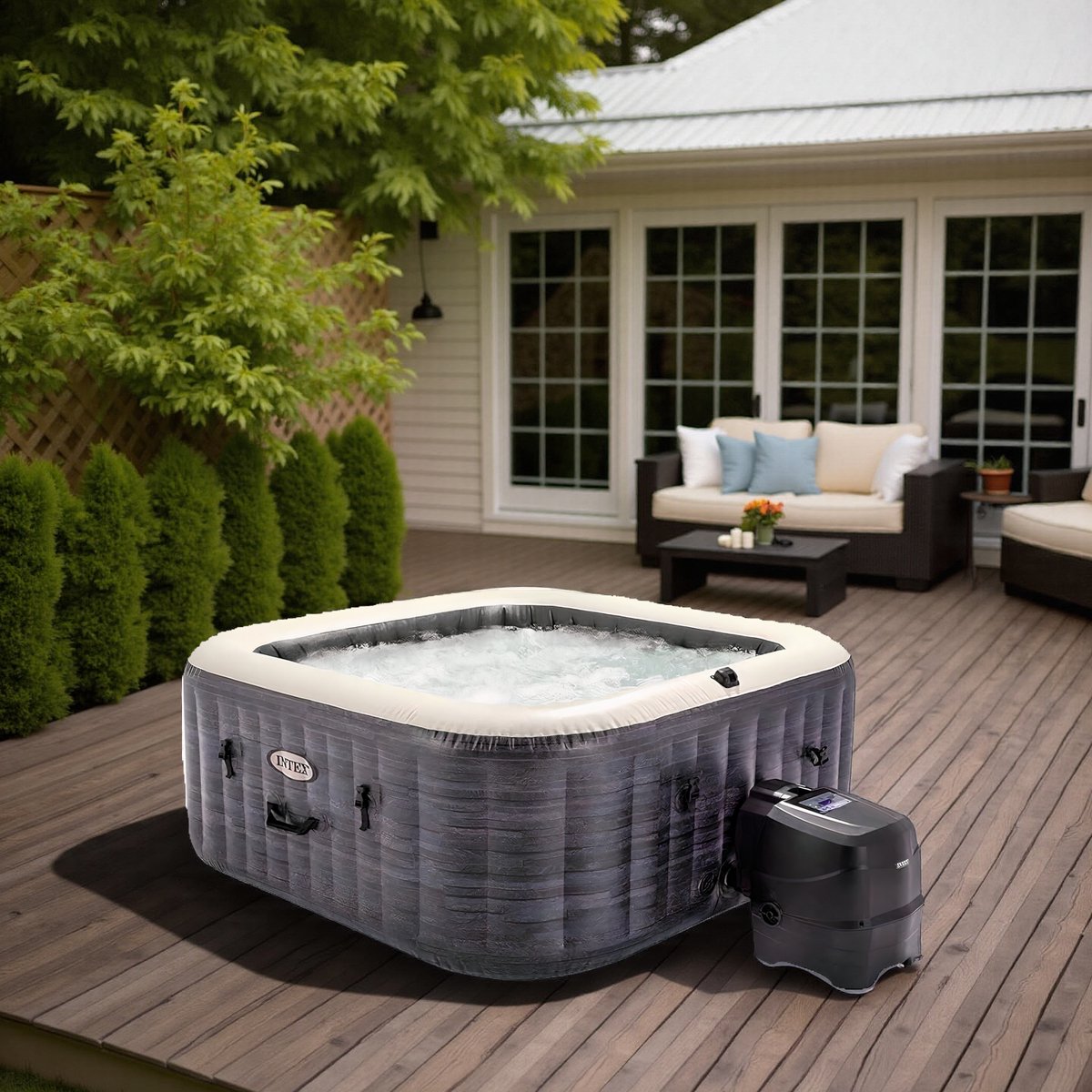 Luxe Opblaasbare Jacuzzi Spa – Vierkant Bubbelbad voor 4 Personen – 140 Massagejets – 795L – Verwarming 40°C – PVC Grijs – Compleet Bubbelbad voor Buiten & Binnen hometotry