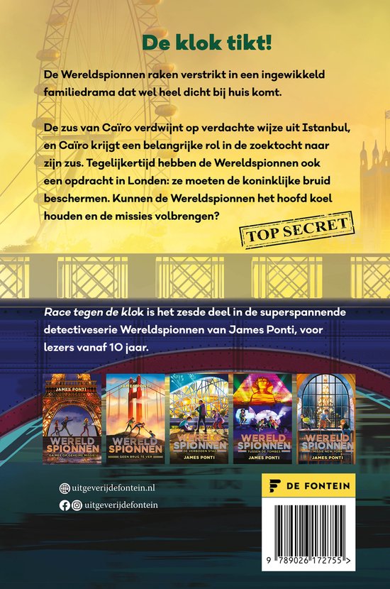 Boekcover met een tekstuele samenvatting, de serie Wereldspionnen en diverse boekcovers van de serie. Inclusief de tekst "TOP SECRET".