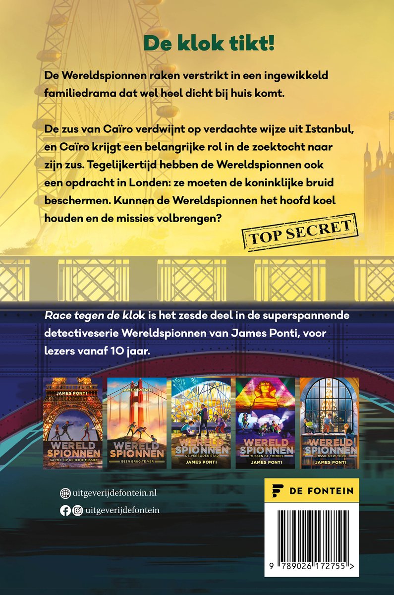 Boekcover met een tekstuele samenvatting, de serie Wereldspionnen en diverse boekcovers van de serie. Inclusief de tekst "TOP SECRET".
