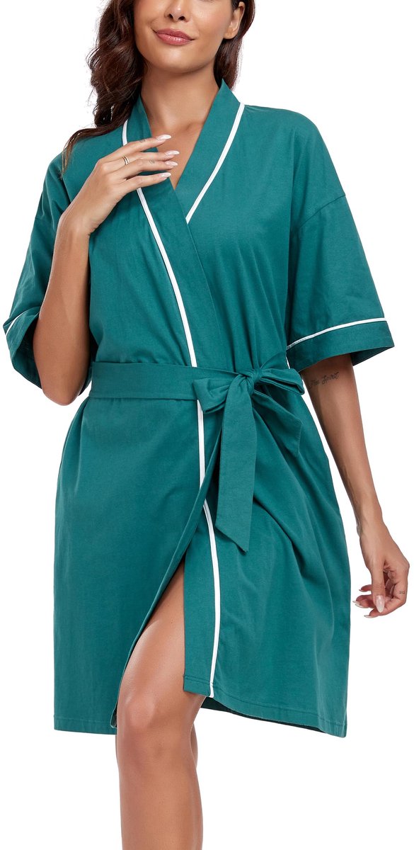 Dames Badjas - Lichtgewicht Katoen - Kort Model met 3/4 Mouwen - Voor Thuis, Sauna of Nachtkleding - Groen - Maat S