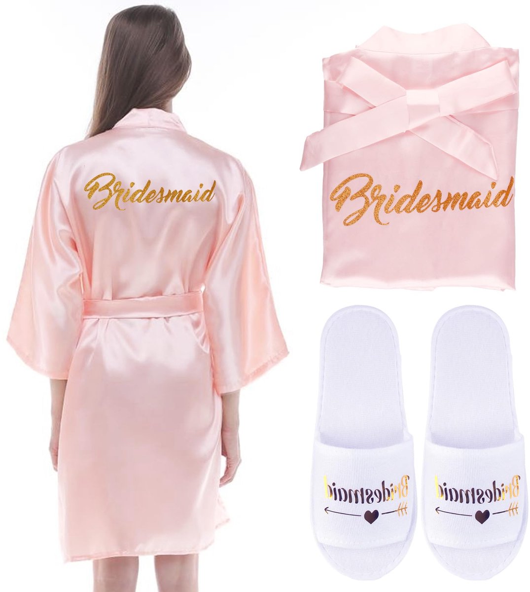 Satijnen Kimono Badjas Set - Met Pantoffels en Make-up Tasje - Voor Bruid en Bruidsmeisjes - Huwelijk, Vrijgezellenfeest en Pyjamafeest
