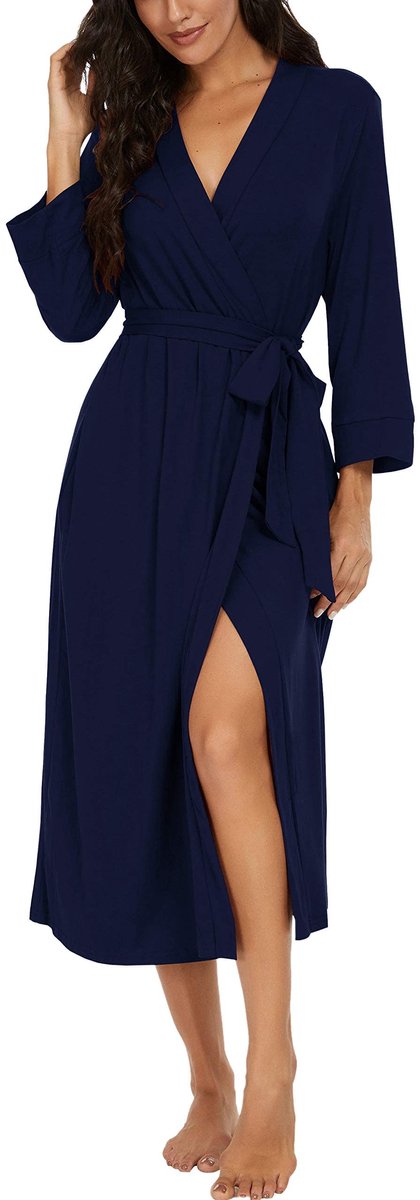 Dames Kimono Badjas - Lichtgewicht - Met 3/4 Mouwen - V-hals - Lang - Marineblauw, Maat S