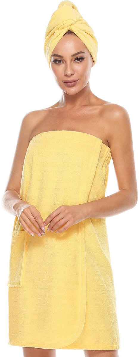 Saunakilt voor Dames - Met Haartuch, Klittenbandsluiting en Elastische Band - Voor Sauna - Geel S/M