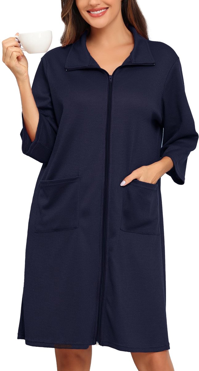 Dames Badjas - Knielang Lichtgewicht Wafelstof met Ritssluiting en 3/4 Mouwen - Marineblauw, Maat L