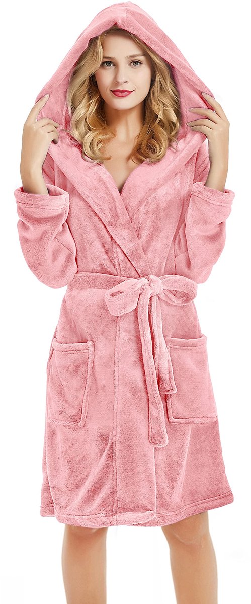 Dames Badjas - Kort, Lichtgewicht en Warm - Van Zacht Pluche met Capuchon - Bonenroze, Maat S/M