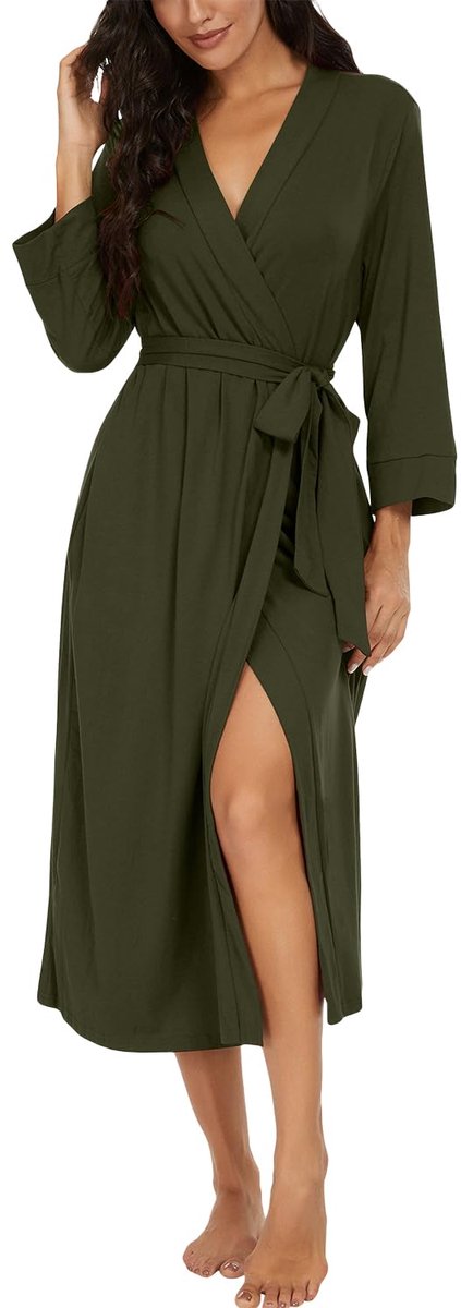 Dames Kimono Badjas - Lange Gebreide - Met V-hals en 3/4 Mouwen - Voor Thuis en Sauna - Olijfgroen - Maat L