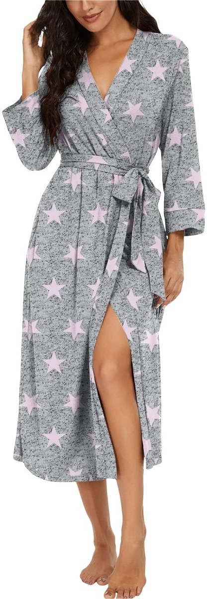 Dames Kimono Badjas - Gebreid met V-hals, 3/4 Mouwen en Lange Pasvorm - Roze Ster - XL