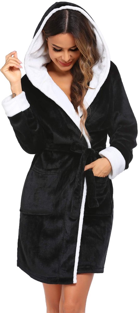 Dames Badjas Morgenmantel - Van zachte badstof met capuchon, knielang - Voor thuis, sauna & spa - Zwart Maat M