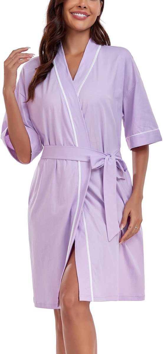Dames Badjas - Korte Lichtgewicht Katoenen Kimono Badjas met 3/4 Mouwen - Voor Zomer, Sauna en Nachtkleding - Violet, Maat M
