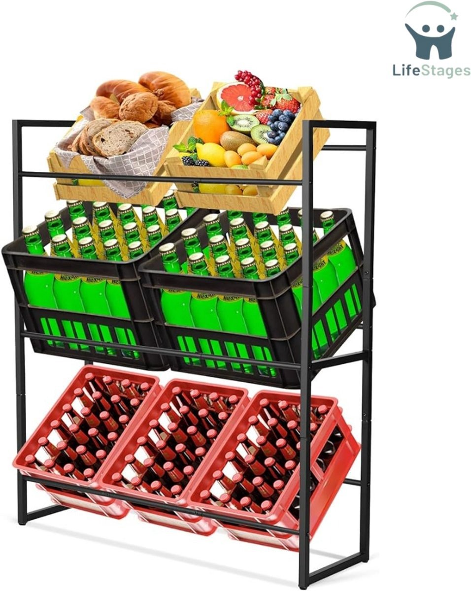 QPFO® Krattenrek metaal zwart - stabiel drankkrat rek - vrijstaand rek voor 6 kratten en waterbakken 98x31x114 cm